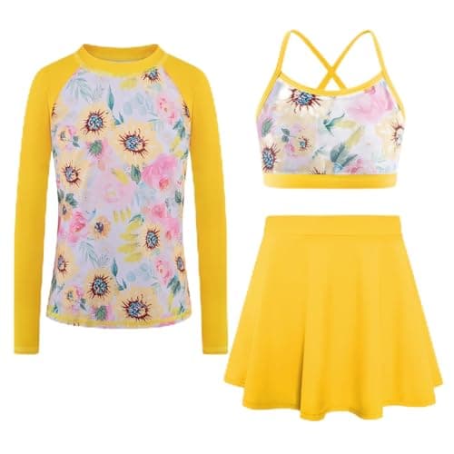 Seanrui Bathing Suits for Girls Size 10-12 Long Sleeve Swimsuits for Teens Rash Guard with Swim Skirt Yellow Sunflower - Image 1