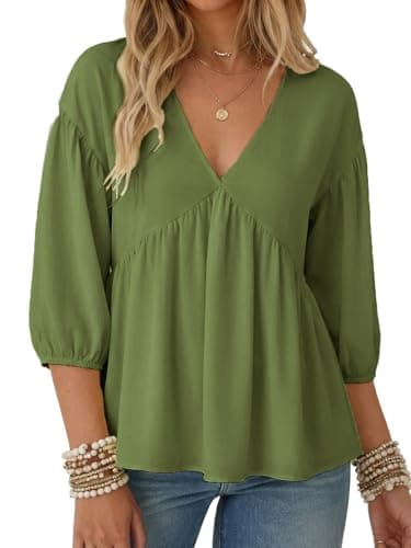 Aotasely Women's Flowy Peplum Babydoll Tops 3/4 Length Puff Sleeve Shirts Trendy Casual Loose Fit Blouse V Neck Outfits Green - Image 1
