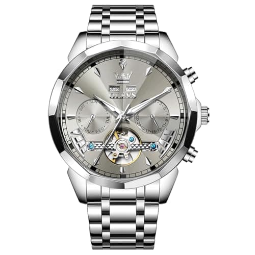 OLEVS Watches for Men Luxury Automatic Self Winding Mechanica Silver Stainless Steel Dress Wrist Mens Watches Grey Face Tourbillon Waterproof Luminous Analog Watch - Image 1