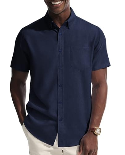 PJ PAUL JONES Mens Casual Button Down Shirts Short Sleeve Regular Fit Dress Shirt Untucked Summer Shirt Navy Blue S - Image 1