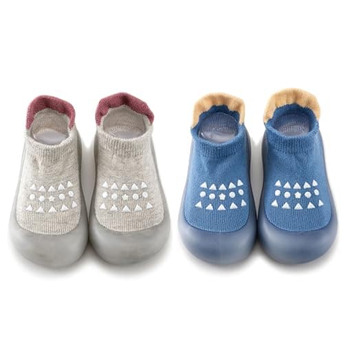 HOVELL 2 Pairs Baby Soft Rubber Sole Shoes Toddler Girls Boys Non Slip Walking Shoes Infant Cotton Floor Slipper Sock Shoes(Grey Blue Dots,2-3Y) - Image 1