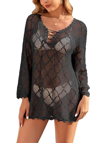 VIAURBE Women's Crochet Cover Ups 2025 Hollow Out Bathing Suit Bikini Coverup Knit Swimsuit Beach Dress Black L - Image 1