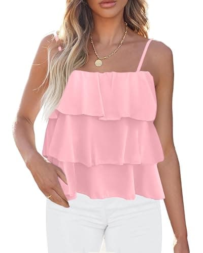 KIRUNDO Spaghetti Strap Ruffle Babydoll Peplum Tank Tops for Women 2026 Summer Cute Flowy Beach Vacation Cruise Outfits(Pink, X-Large) - Image 1