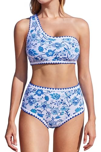MOOSLOVER Women Bikini Sets One Shoulder High Waisted Swimsuit Whip Stitch 2 Piece Bathing Suits(XL,Blue Floral) - Image 1