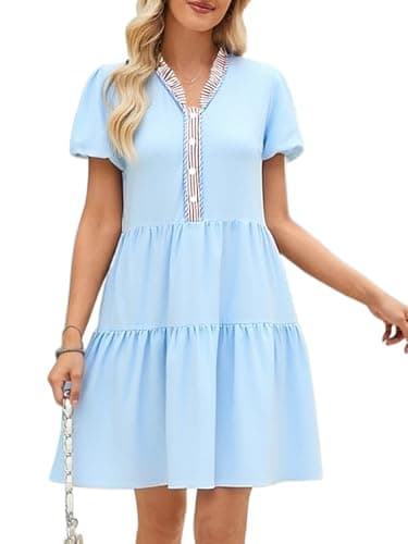 CCTOO Womens Casual Summer Dresses V Neck Button Floral Puff Short Sleeve Flowy Holiday Mini Dresss Light Blue XL - Image 1
