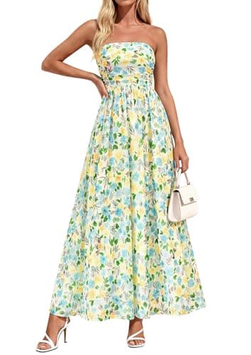 PRETTYGARDEN Women Strapless Maxi Dress 2026 Summer Floral Tube Top Ruched Beach Spring Wedding Guest Long Dresses (Floral White Light Green,Small) - Image 1