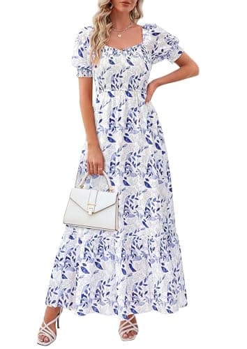 PRETTYGARDEN Women's Floral Boho Maxi Dresses Flowy Short Sleeve A Line Smocked Eyelet 2026 Summer Beach Vacation Clothes (Leaves Sky Blue,Small) - Image 1