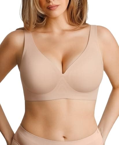 Womens Bras Full Support Wireless Comfortable Bra No Underwire Comfy Tshirt Push Up Bralettes Deep V Seamless Bra Beige XL - Image 1