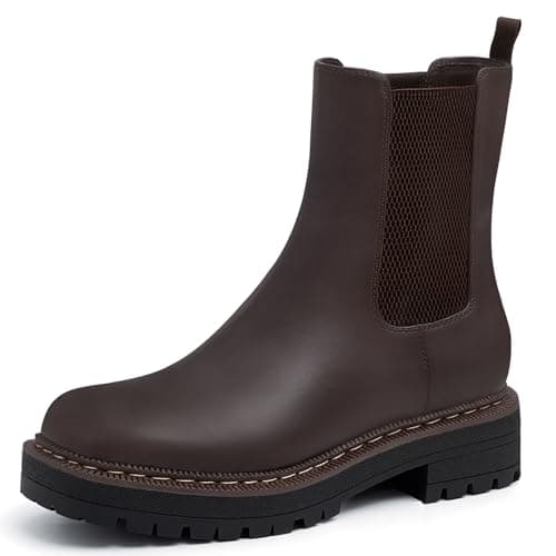 Athlefit Women's Chelsea Ankle Boots Platform Lug Sole Slip On Short Boots Comfortable Low Heel Dress Booties Dark Brown Size 9
