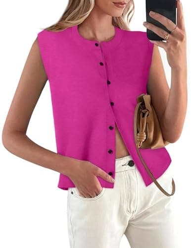 COCCKO Womens Sweater Vest Sleeveless Cardigan Button Up Crew Neck Summer Lightweight Knit Tank Top Rose Red - Image 1
