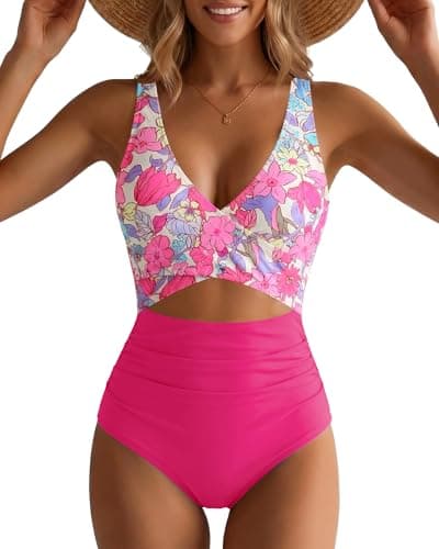 GRAPENT Bathing Suit for Women 1 Piece Suits Women's Swimsuit Women’s Beach Vacation Clothes Floral Vintage One Piece Swimsuit Women, Magenta Pink Floral, M, US Size 8 to 10 - Image 1
