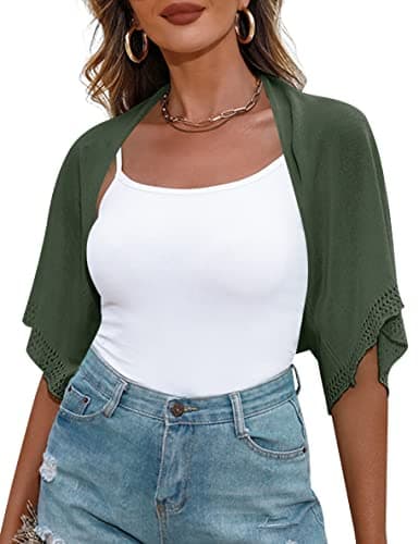 Totatuit Women's Drop Shoulder Bolero Shrug Open Front Short Sleeve Knit Cropped Cardigans Sweater ArmyGreen