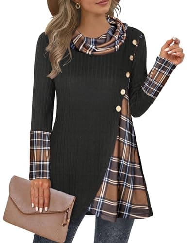 Miusey Cowl Neck Tunic Sweaters Fall Tunic Tops for Women 2025 Winter Lightweight Pullover Sweatshirts Black Brown Plaid XL - Image 1