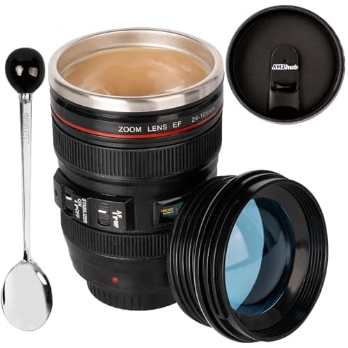 AMZHUB Camera Lens Coffee Mug,Travel Coffee Cup,Stainless Steel Lens Mug Thermos Camera Lens Mug with Lid and Spoon,Cool Gifts for Photographers Men and Women - Image 1