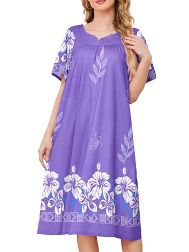 udforsk Mumu Dress Nightgown for Women Plus Size Short Sleeve Muumuu Cotton Moo Moos for Women Nightgown House Coats Female Womens Lounge Dresses Moomoo Dresses for Womens Purple Flower M - Image 1