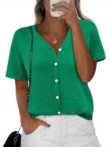 NALANISA Women's Short Sleeve Sweater Spring Summer Crochet Knit Tops 2026 V Neck Solid Color Button Down Dressy Casual Blouses(Solid Green,S) - Image 1