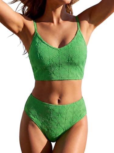 ZAFUL Womens Bathing Suits Tummy Control 2 Piece High Waisted Green Bikini Textured V Neck Adjustable Straps Modest Swimsuits High Cut Beach Swimwear Large - Image 1
