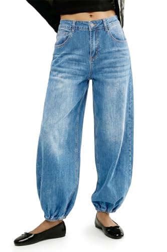 Flowyair Women Barrel Jeans High Waisted Wide Leg Baggy Harem Denim Pants Light Blue - Image 1