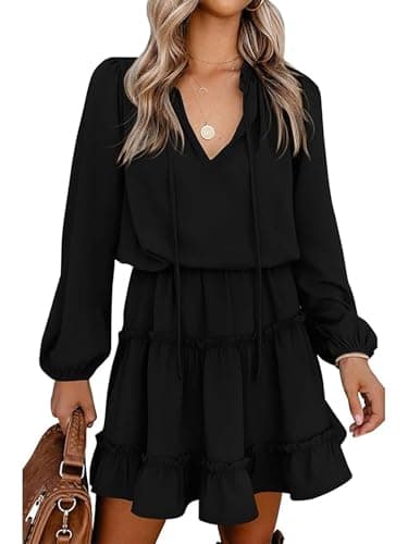 BTFBM Long Sleeve Summer Dresses for Women 2026 Casual Tie Neck Ruffle Tiered A Line Mini Spring Wedding Guest Dress(Long Sleeve Black, Medium) - Image 1