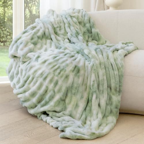 blunique Faux Rabbit Fur Throw Blanket, Ultra Soft Plush Cozy Blanket for Couch Bed, Thick Fluffy Ruched Tie-Dye Decorative Blanket, Giftable,50"x60",Tie-Dye Sage - Image 1