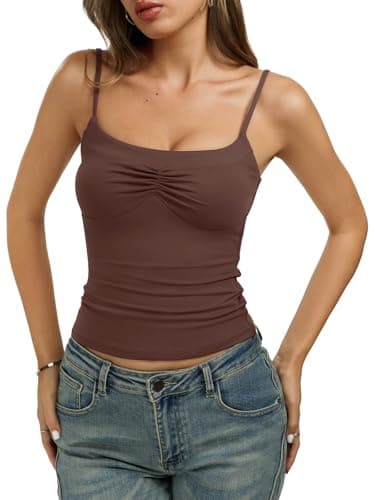 REORIA Womens Sexy Square Neck Tank Tops Adjustable Cami Tank Summer Basic Double Lined Sleeveless Shirts Y2K Trendy Going Out Tops, Coffee Medium - Image 1