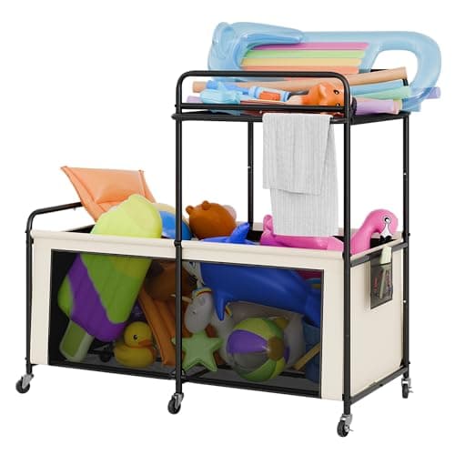 StorageWorks 2-Tier Pool Float Storage Organizer for Swimming Pool, 340-Gallon Large Pool Storage Bin, 65" H Rolling Pool Toy Storage Cart for Floats, Balls, Toys, Beige - Image 1
