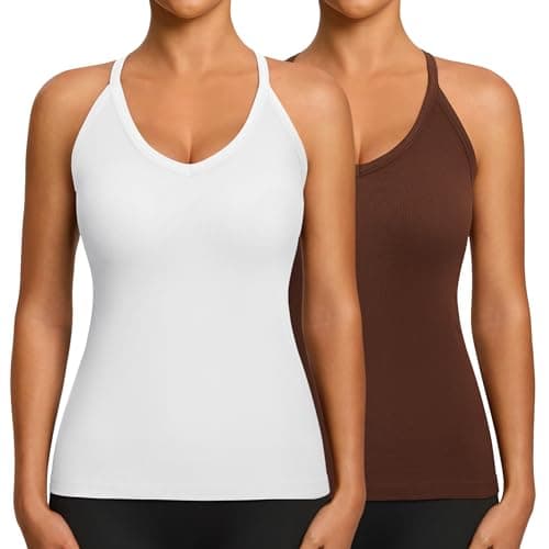 Missclub Ribbed Workout Tank Tops for Women Build in Bra V Neck Basic Sleeveless Athletic Yoga Gym Shirts Brown White - Image 1