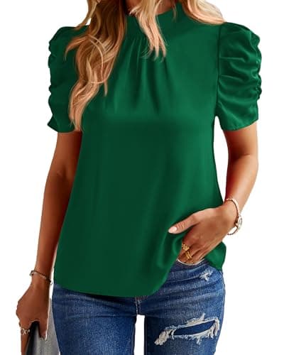 BTFBM Womens Tops 2026 Dressy Casual Blouses Summer Spring Clothes Mock Neck Short Sleeve Shirts Business Work Fall Outfits(Solid Dark Green, XX-Large) - Image 1