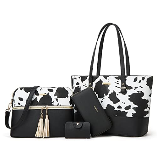 Women Fashion Handbags Wallet Tote Bag Shoulder Bag Top Handle Satchel Cow Print Purse Set 4pcs - Image 1