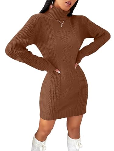 SunnyMelody Womens Turtleneck Cable Knit Sweater Dress Fall Winter 2025 Christmas Ugly Sweaters Cute Ladies Dressy Casual Long Sleeve Mini Dresses Caramel Brown L - Image 1