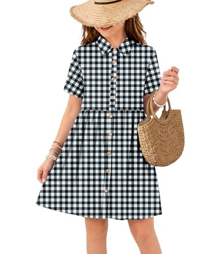 Girl's Summer Short Sleeve Loose Babydoll Dress Casual Kids Button Down Mini Sundresses with Pockets 2026 Black White Plaid 11-12 - Image 1