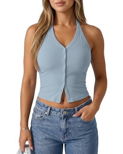 G4Free Y2K Going Out Tops for Women Backless Halter Camisole Open Back Ribbed Slim Fit Cami Tank Top (Blue Willow,S) - Image 1