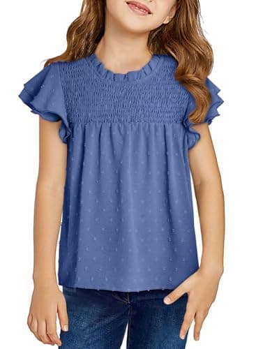 DOKOTOO KIDS Girls Blue Tops Teen Short Sleeve Blouse Tween Cute Dressy Trendy Little Girl Babydoll Casual Peplum Ruffle Boho Swiss Polka Dot Shirts Size 6-7 Years - Image 1