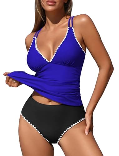 ZAFUL Swimsuits for Women 2026 Tankini V Neck Push Up Two Piece High Waisted Swimwear Color Block Tankini Swimsuit Bathing Suit with Bottoms (Royal Blue&Black S) - Image 1