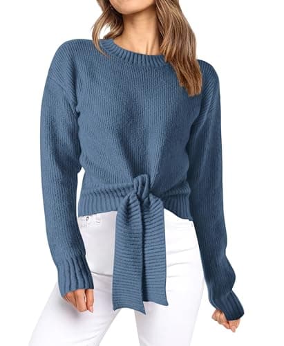 Okiwam Women's Long Sleeve Cropped Sweaters Casual Knit Pullover Tie Front Crew Neck Fall Outfits Spring Fashion Clothes 2026-S Dark Blue - Image 1