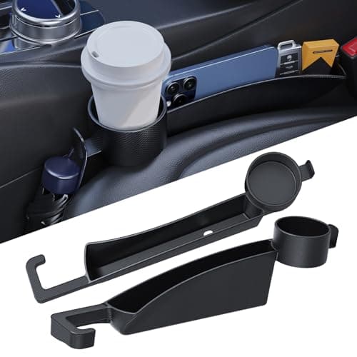 2 Pack Dual Car Seat Gap Filler with Cup Holder, Car Gap Plug Seat Fillers with Black-Carbon Fiber Texture for Cars SUV Trucks, Console Side Gap Organizer Storage, Fit for 1'' Seat Console Gap