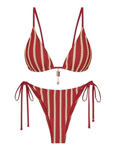 ZAFUL Red Crochet Beads Bikini Sets for Women Cheeky Two Piece Tropical Sexy Bathing Suits Striped Brazilian High Cut Knit Swimsuit for Vacation Resort Wear - Image 1