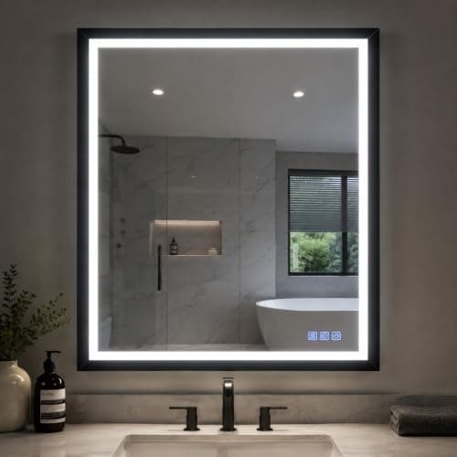USHOWER 36X30 LED Bathroom Mirror with Lights, Black Aluminum Frame LED Mirror, Shatter-Proof, Anti-Fog, Stepless Dimmable, Memory Function, 3 Colors Smart Mirror for Bedroom, Powder Room, ETL - Image 1