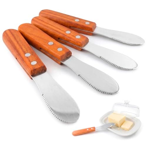 Butter Spreader Knife Set of 4 with Wood Handle - Butter Knives for Cream Cheese, Jam, Jelly, Cheese Board, Charcuterie, Bagel, Sandwich, Toast - 4 Inch Stainless Steel Wide Blade, Hand Wash Only - Image 1