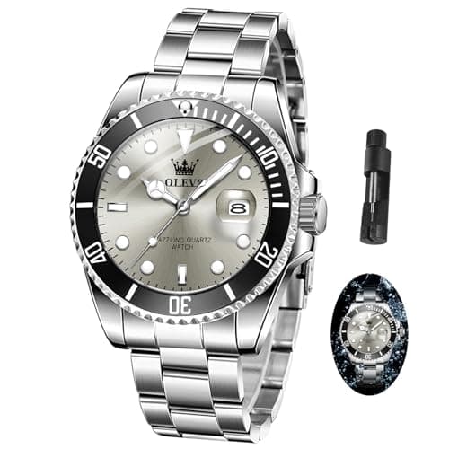 OLEVS Silver Luxury Men's Wrist Watches Analog with Day Date Grey Large Face Original Waterproof Stainless Steel Watches for Men Dress Quartz Watch - Image 1