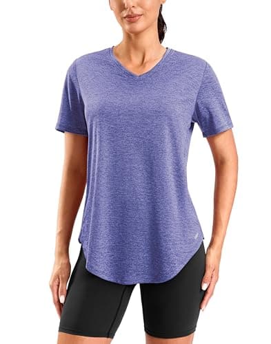 Viodia Womens Workout Tops Full Back Coverage Plus Size Athletic Shirt UPF 50+ Short Sleeve T Shirts V Neck Yoga Tunic Heather Smoke Purple 4XL - Image 1