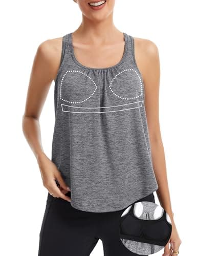 SLIMBELLE Built in Bra Workout Tank for Women Running Yoga Gym Tennis Sport Cami Shirt Racer Back Crewneck Loose Fit Top Gray XL