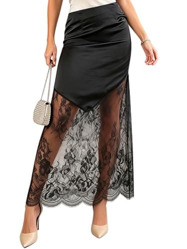 Women's 2026 Lace Patchwork Bodycon Skirt - High Waist Elegant Solid Maxi Long Skirt (US, Alpha, Medium, Regular, Regular, Black) - Image 1