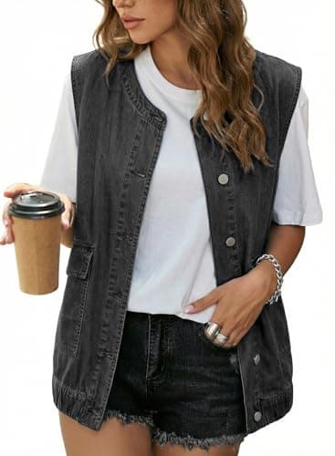 Dokotoo Black Vest Women Denim Tank Top Crewneck Button Down Sleeveless Shirts Casual Blouse Tops Loose Fit Open Front Waistcoat with Pockets XX-Large - Image 1