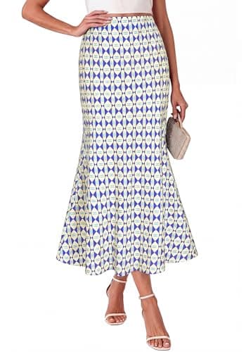 BTFBM Midi Skirts for Women 2026 Summer Spring Lightweight A Line High Waisted Wedding Guest Party Silk Long Skirt(Plaid Blue, Large) - Image 1