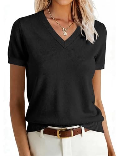 ANRABESS Women Wool Blend Sweater Summer 2026 Short Sleeve V Neck Pullover Top Business Casual Outfit Beach Vacation Clothes Black X-Large - Image 1