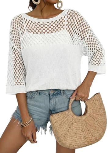 Dokotoo Swimsuit Coverup for Women Crochet Half Sleeve Hollow Out Swim Tops Beach Bikini Bathing Suit 2026 Summer Resort Wear Beach Vacation Clothes Cruise Outfits White - Image 1