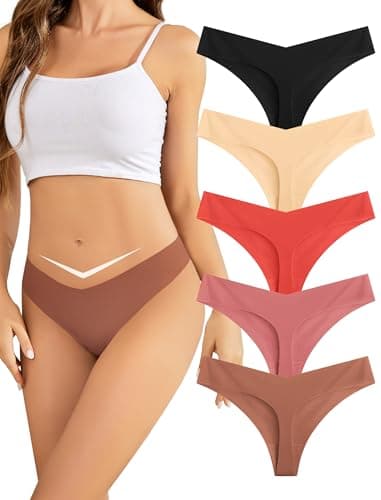 voenxe Seamless Women Underwear Thong,Low Rise No Show Ladies Panties,V Waist Cut No Line Workout Brief Comfortable 5-Pack Coffee - Image 1