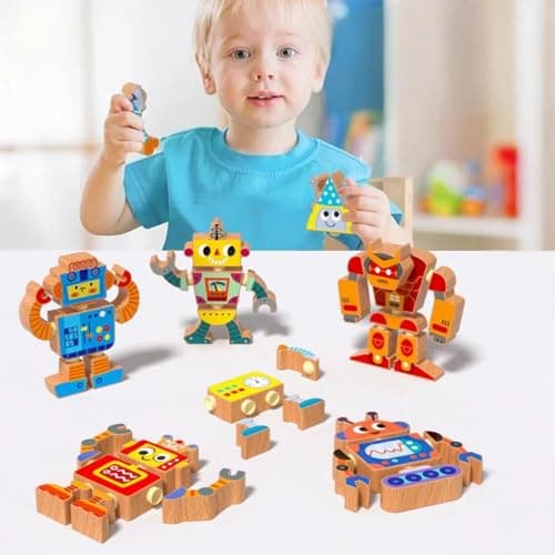 YECHISY Wooden Snap-Together Building Toys: STEM Building Blocks, Robot Take Apart Playset, Fine Motor Skill Montessori Snap Bots for Kids, Creative Boys & Girls Birthday Back to School Xmas Gift