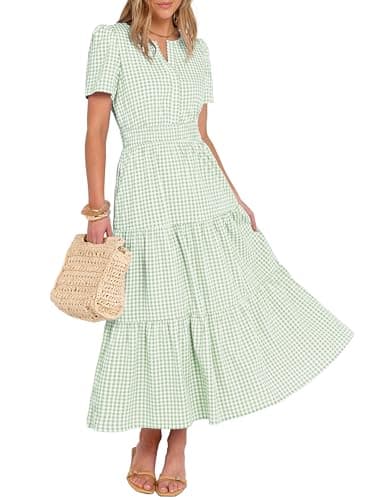 Caracilia Women's Summer Short Sleeve V-Neck Maxi Dress, Gingham & Striped Fabric, Casual A-Line Dress for Beach & Vacation Light Green Gingham Medium - Image 1